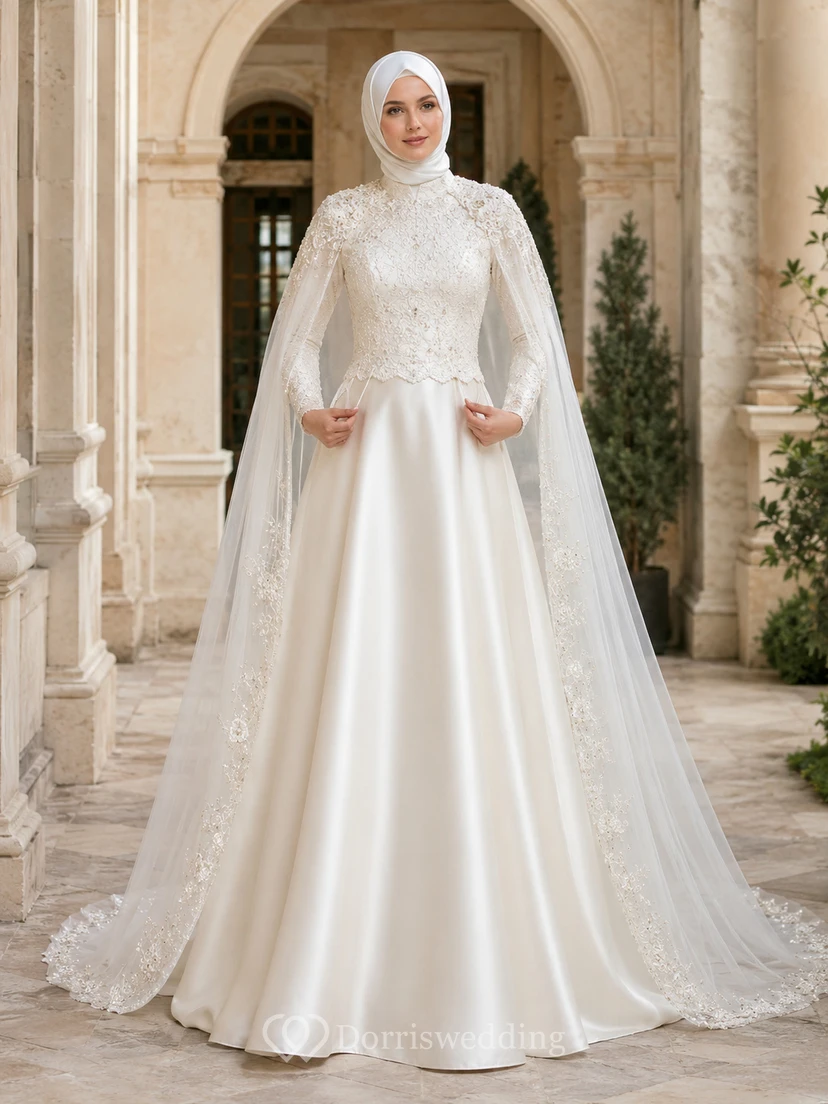 Two Piece Muslim Lace Cape Satin Ball Gown Wedding Dress