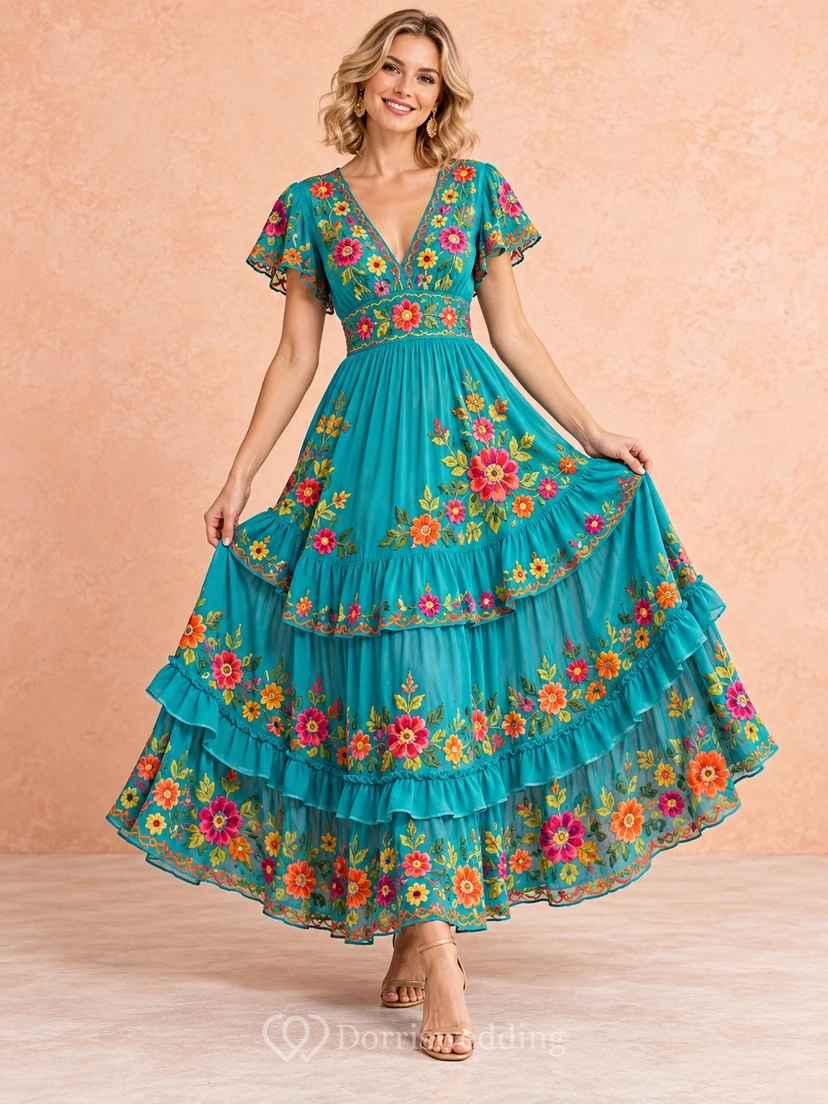 Cumbia Turquoise V Neck Multicolor Floral Embroidered Ruffled Folk Dress