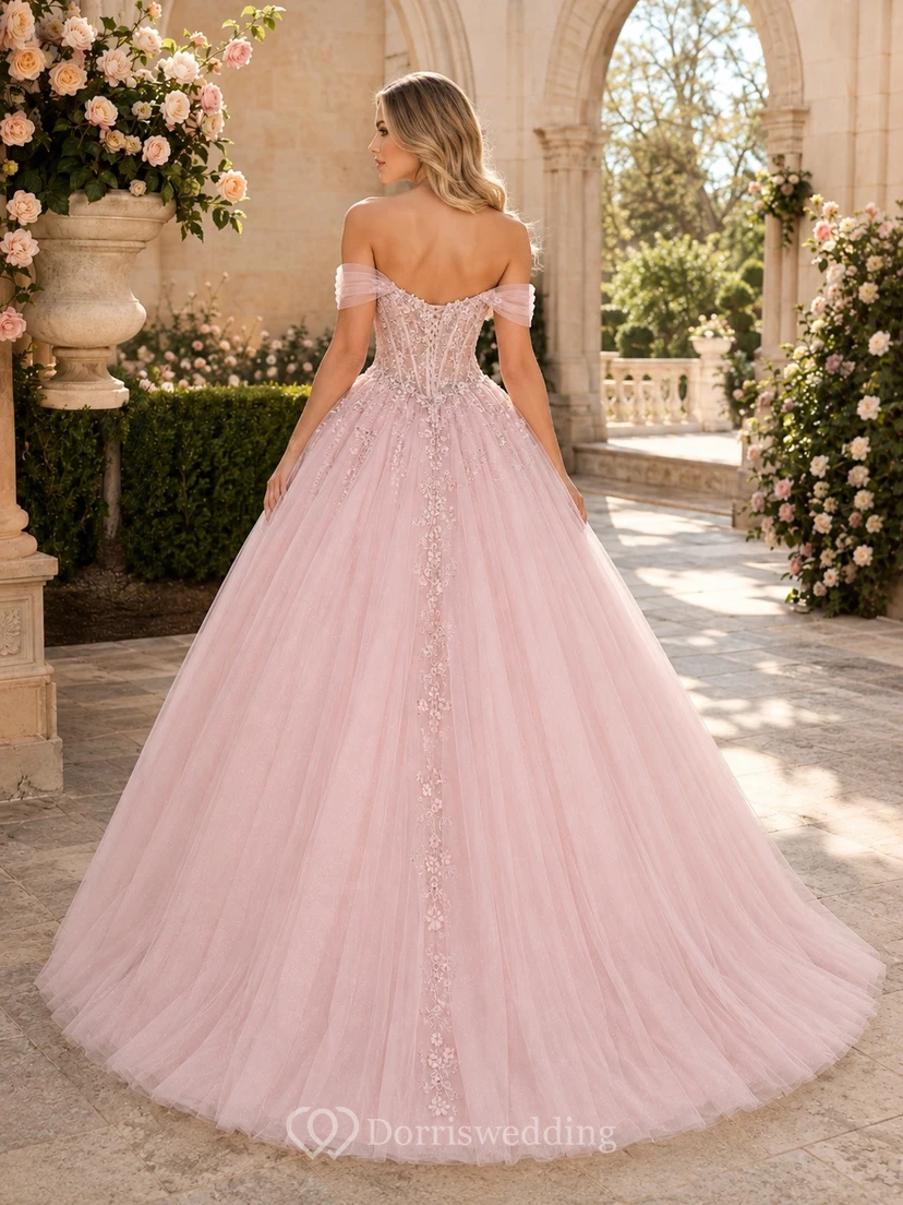 Pink Off Shoulder Tulle Princess Ball Gown Quinceanera Dress view 2
