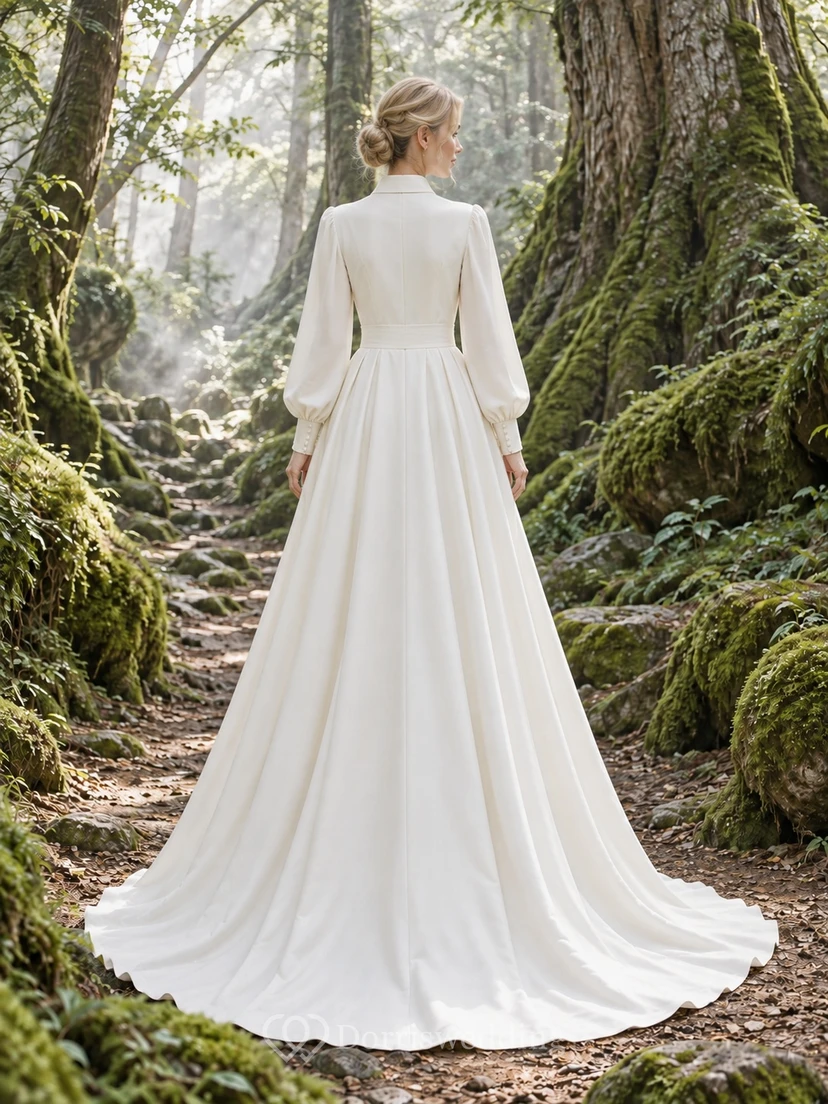 Schlichtes, dezentes Brautkleid in A-Linie mit Kragen, langen Ärmeln und Knöpfen view 2