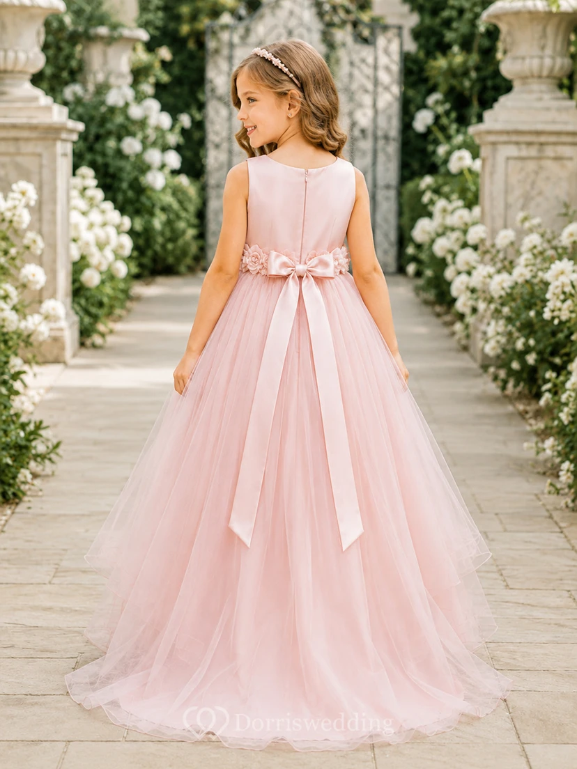 High Low Tulle A-Line Flower Girl Dress with Jewel Neck and Bow Detail view 2