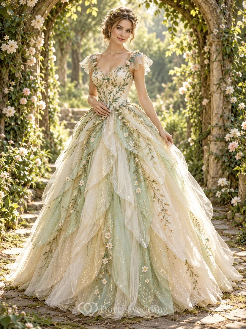 Fairy Sage floral V-Ausschnitt Cap Sleeve Petal Layered Tulpe Ballkleid
