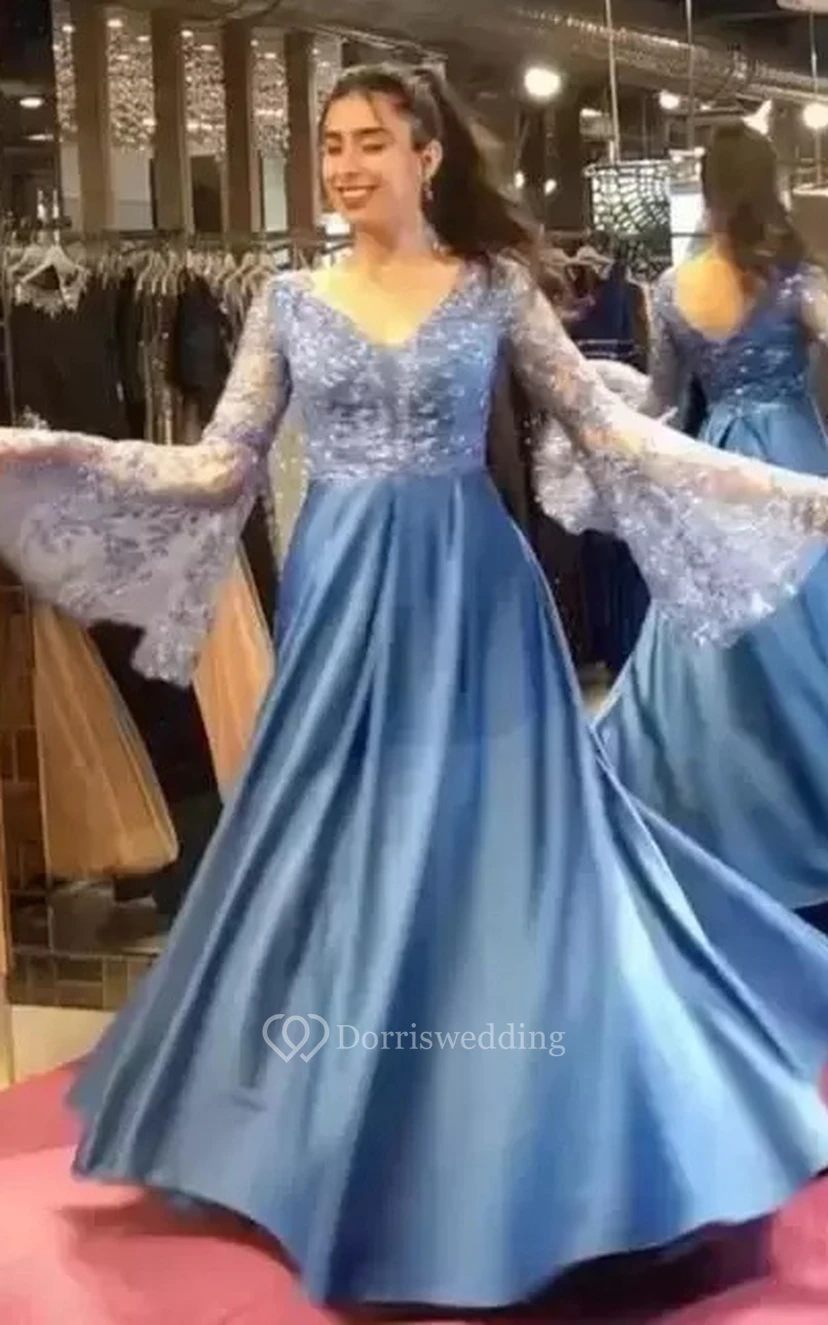 Schlichtes, bodenlanges Satin-Abendkleid in A-Linie mit V-Ausschnitt und langen Ärmeln sowie Applikationen view 2