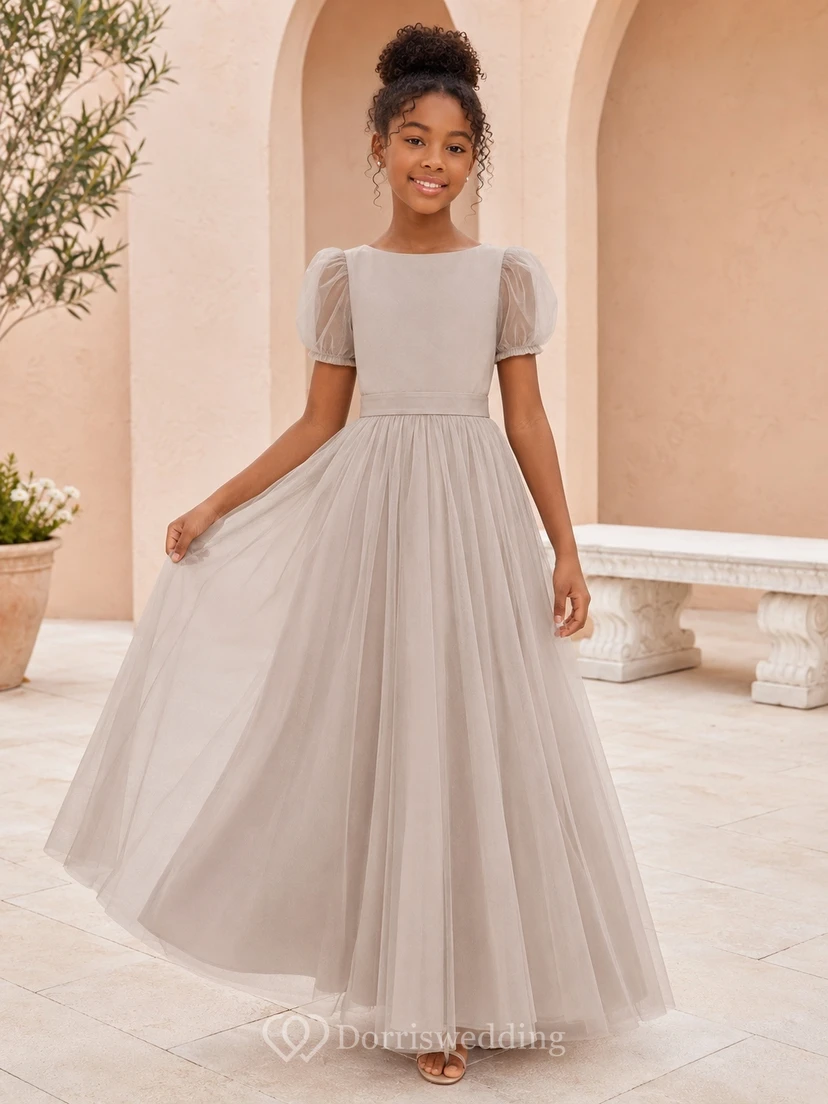 Junior-Brautjungfernkleid, A-Linie, eckig, kurze Puffärmel, Tüll, schlicht und elegant