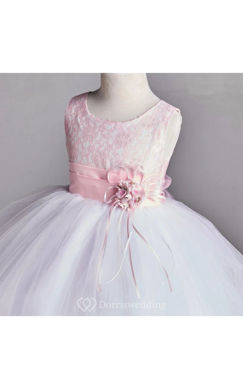Scoop Neck Sleeveless Empire Tulle Ball Gown With Flower Sash view 2