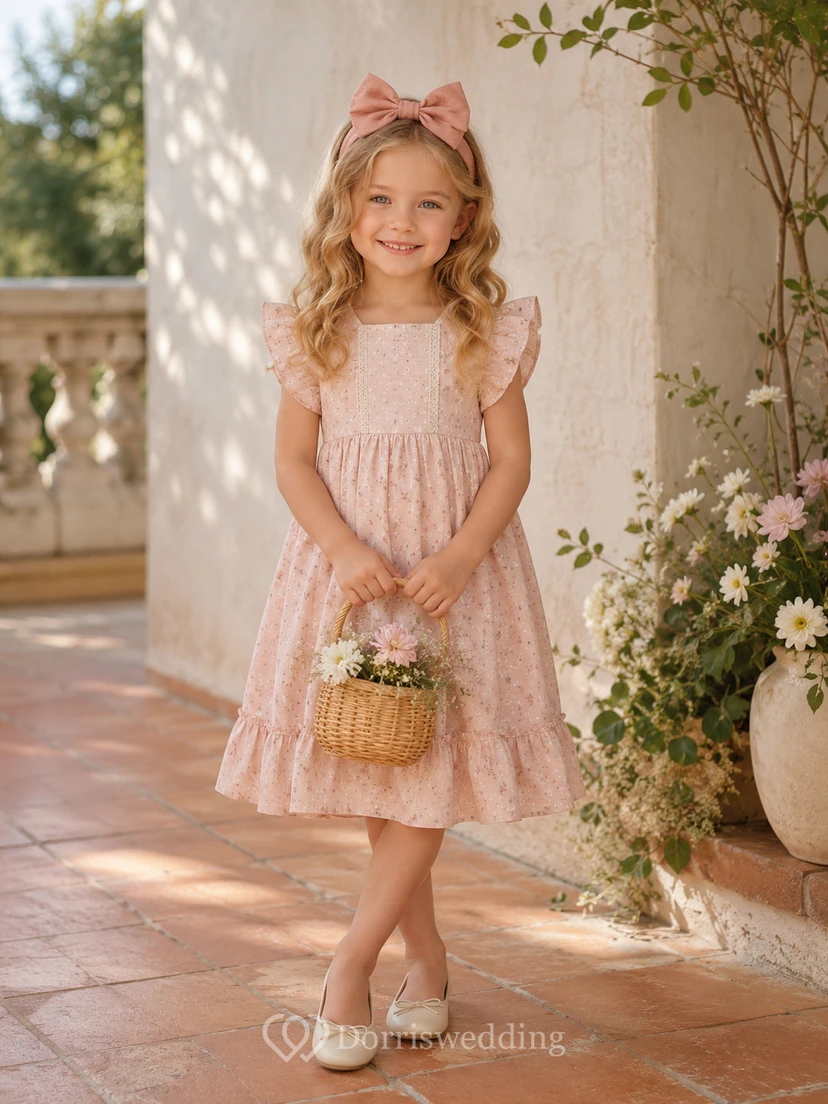 Vestido de niña de flores de gasa color rosa empolvado con corte en A, sin mangas, escote joya y falda hasta la rodilla con textura de volantes.