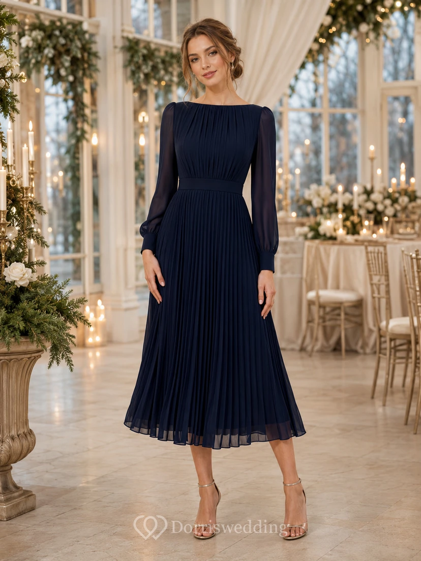 Navy Pleated Chiffon Long Sleeve Formal Reception Midi Dress