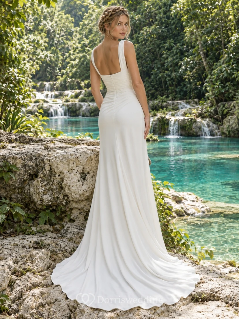 Square Neck Simple Crepe Wedding Dress with Ruched Waist and Split Sheath Skirt view 2