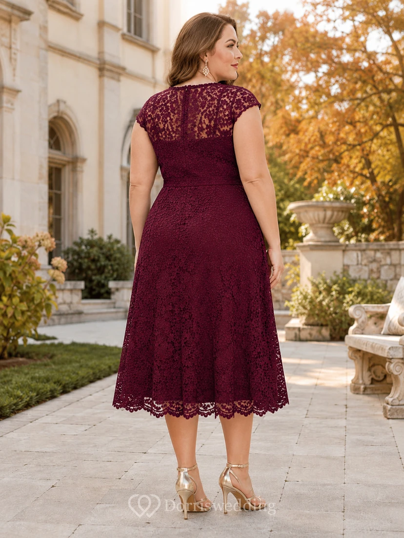 Burgundy Illusion Bateau Cap Sleeve Lace Tea Plus Size Guest Dress view 2