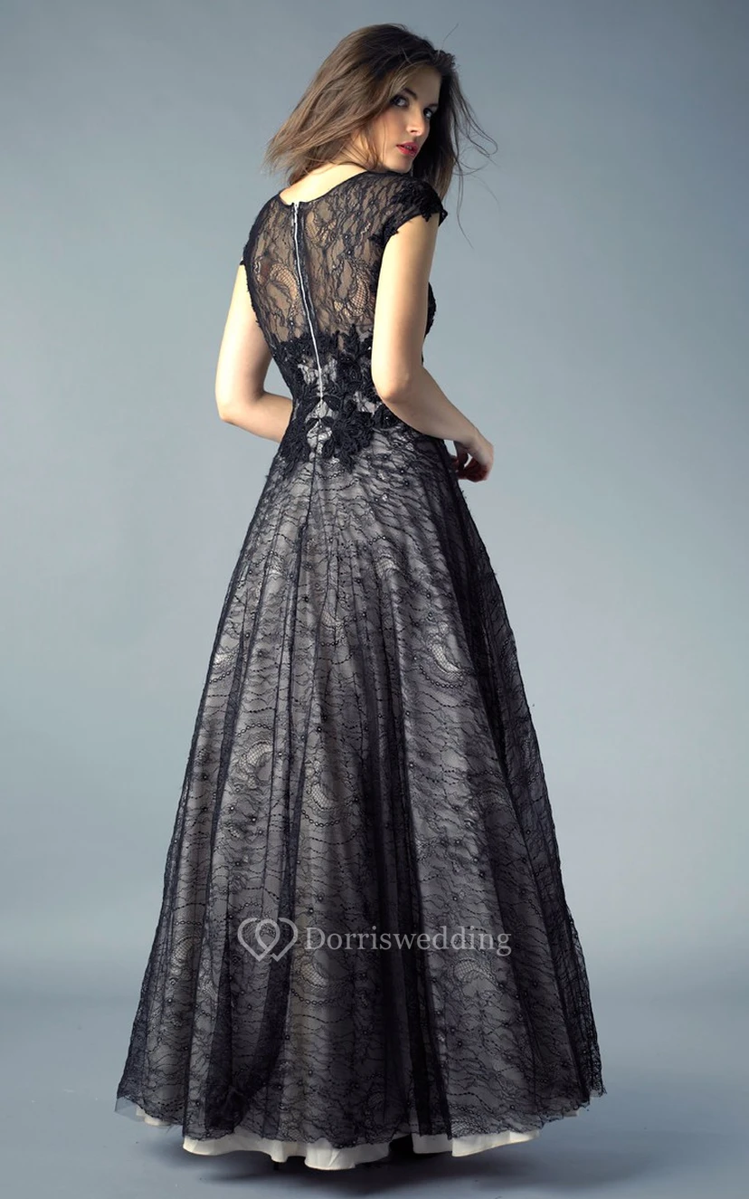 A-line Floor-length High Neck Short Sleeve Lace Illusion Dress view 18