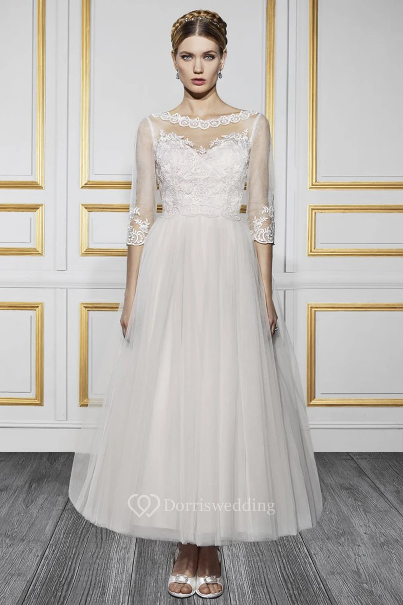 Ankle-Length Bateau Neck 3-4 Sleeve Appliqued Tulle Wedding Dress