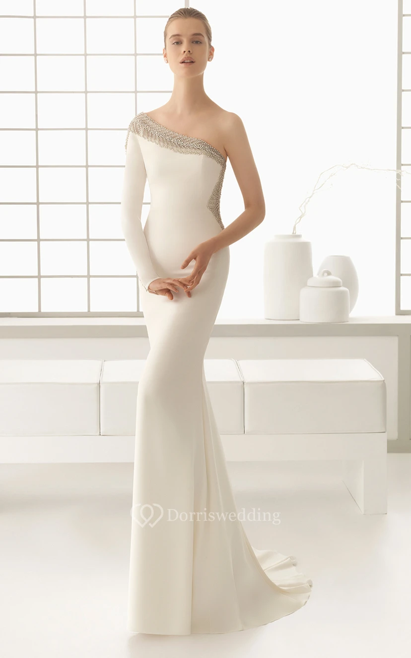 One-Shoulder Beaded Long-Sleeved Dress