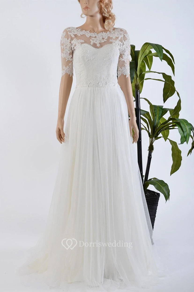 Bolero de encaje con lazo de tul y satén, vestido de novia modesto