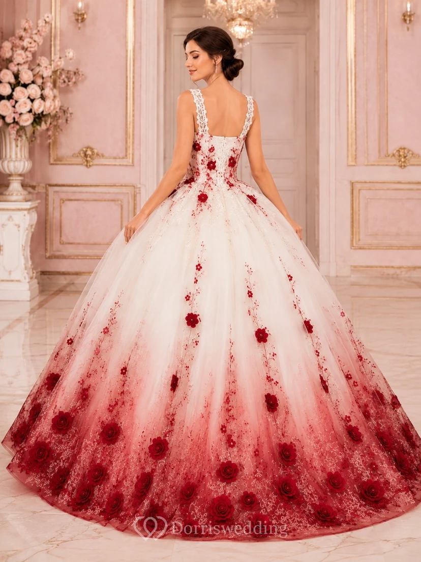 Rotes, ärmelloses Brautkleid aus Tüll mit floralem Ombré-Applikationen und Spaghettiträgern view 2