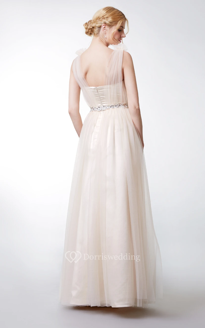 Sleeveless V Neck Pleated Long Tulle Dress With Applique Belt view 5