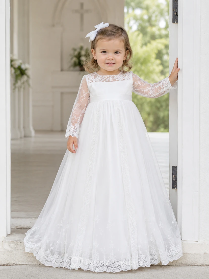 Langärmeliges Taufkleid mit Spitzenoberteil, A-Linie, Schleife am Rücken, schlicht