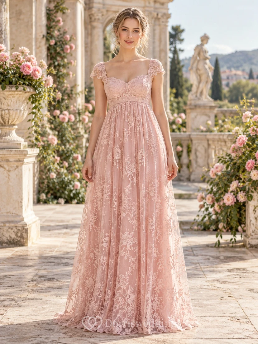 Regency Blush Abendkleid mit Herzausschnitt, kurzen Ärmeln und floraler Spitze