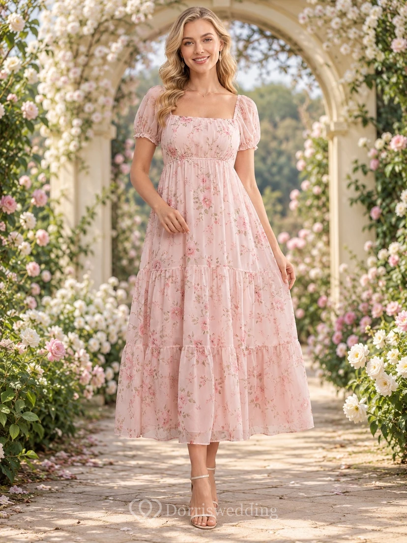 Pink Floral Chiffon Square Neck Puff Sleeve Tiered Tea-length A-Line Guest Dress