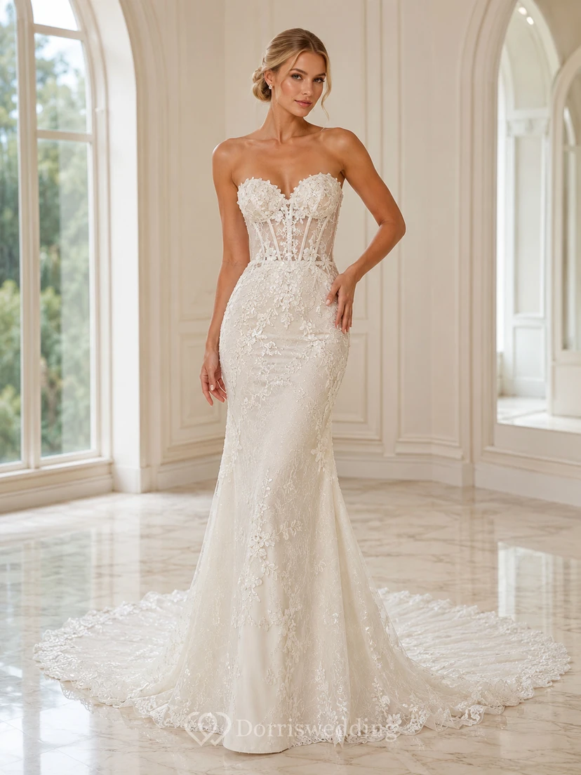 Robe de mariée sirène bustier en dentelle à appliqués floraux et traîne cathédrale