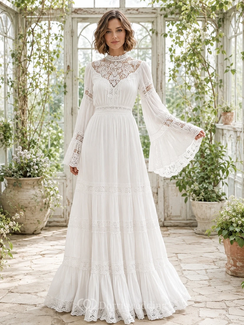 White High Neck Bell Sleeve Lace Chiffon Boho Maxi Dress