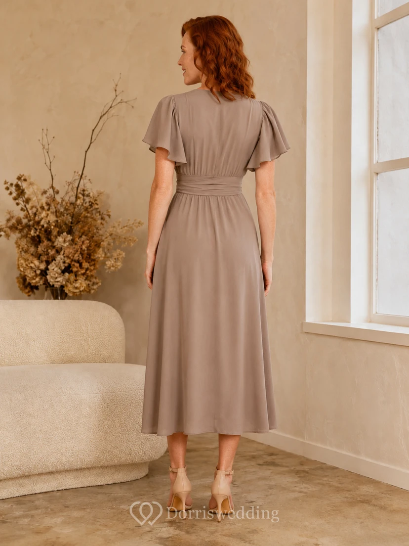 Taupe Flutter Sleeve Wrap Boutique Shopping Midi Dress view 2