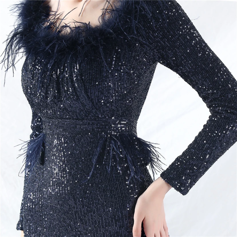 Craft-Made Ostrich Feather Long-Sleeved Beads Evening Dress view 75