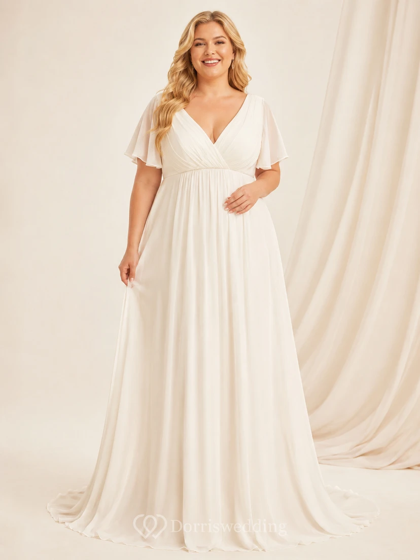 Vestido de novia de gasa de talla grande con cintura imperio y mangas con volantes