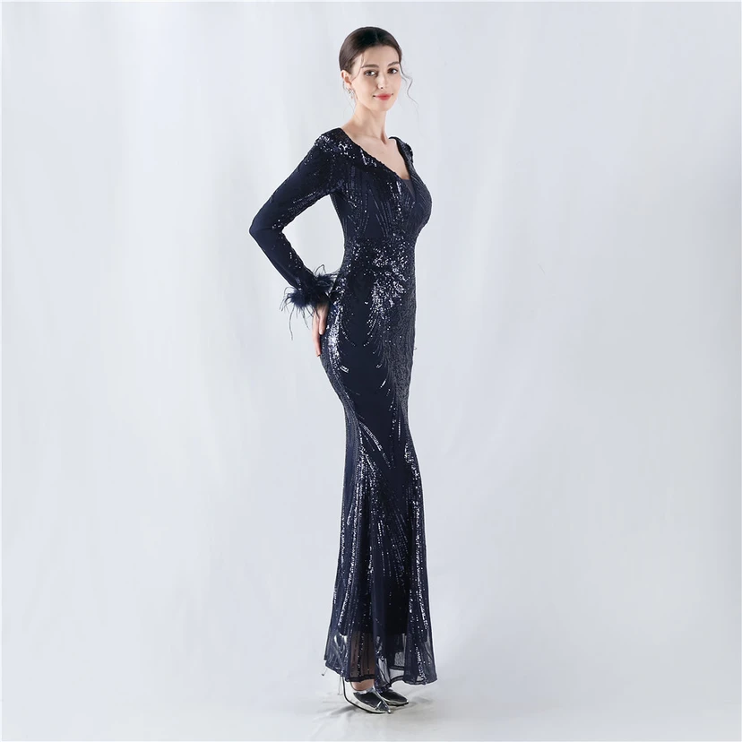 Robe de soirée haut de gamme ornée de perles florales fixes et de poils d'autruche, hôte de la réunion annuelle d'hiver view 40