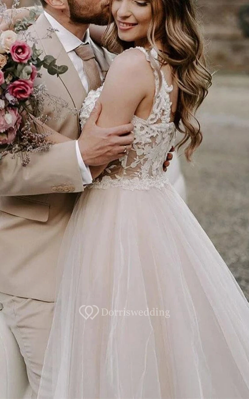 Off-the-shoulder Blush Tulle Flowy A-line Wedding Dress with Lace Top view 2