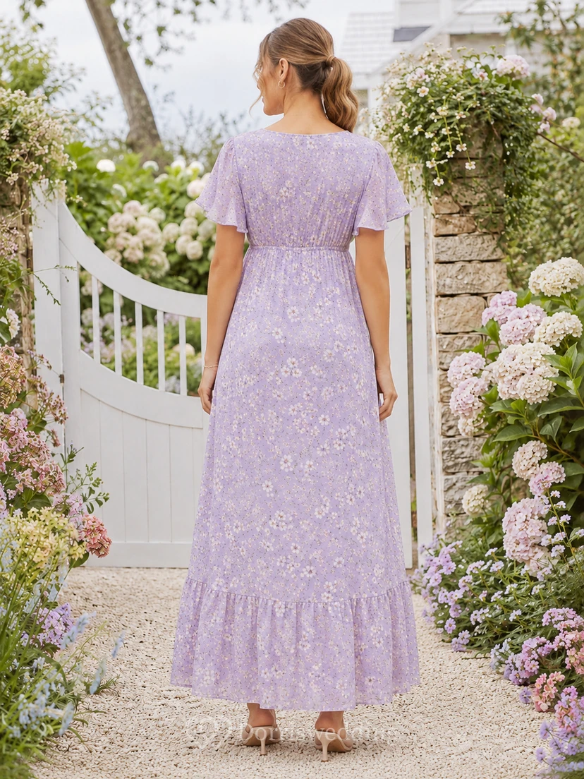Vestido de jardín tobillero con escote en V y mangas con volantes, estampado floral lila y estampado floral lila. view 2