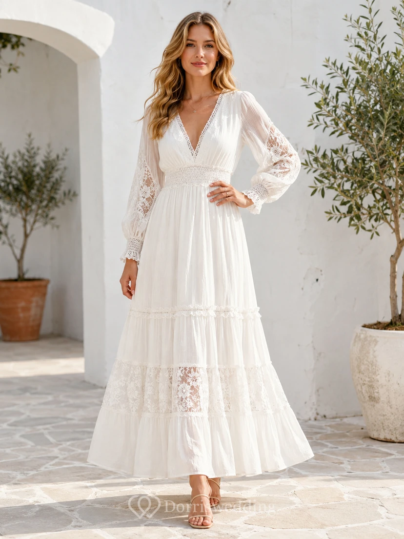 Vestido informal de gasa blanca estilo bohemio con escote en V, mangas abullonadas, inserciones de encaje y falda escalonada hasta los tobillos.
