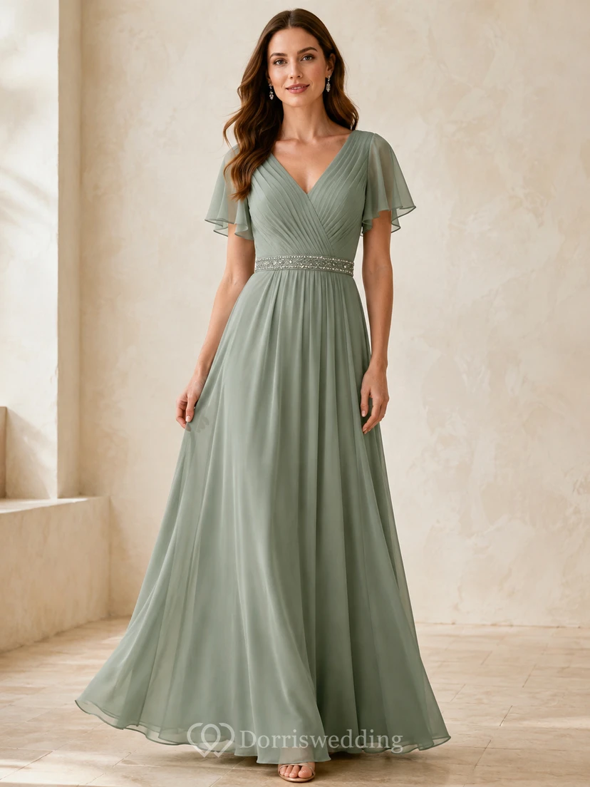 Vestido de dama de honor romántico de gasa color celadón con escote en V, mangas con volantes y bordados, corte en A y largo hasta el suelo.