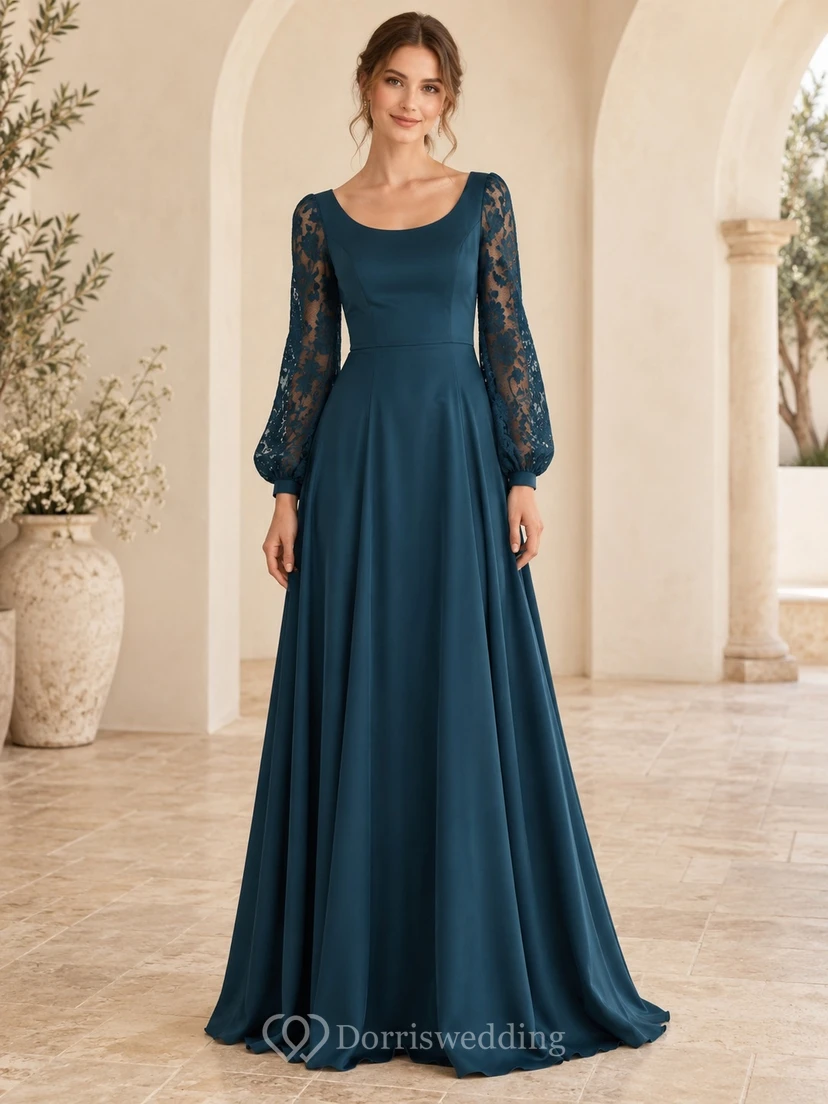 Vestido de dama de honor largo hasta el suelo, estilo bohemio, de gasa con encaje y escote redondo, manga larga y estampado de pavo real.