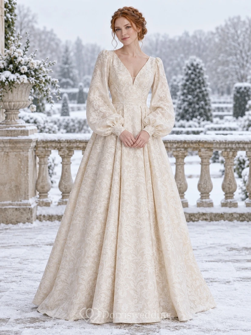 Vestido de novia de corte A con escote en V y mangas abullonadas largas y estampado jacquard floral