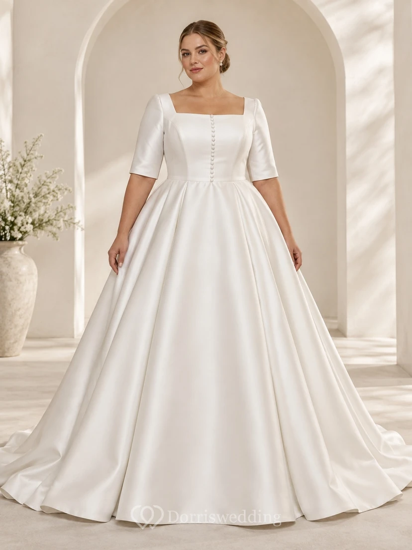 Vestido de novia de satén de corte A con escote cuadrado, mangas cortas y botones.