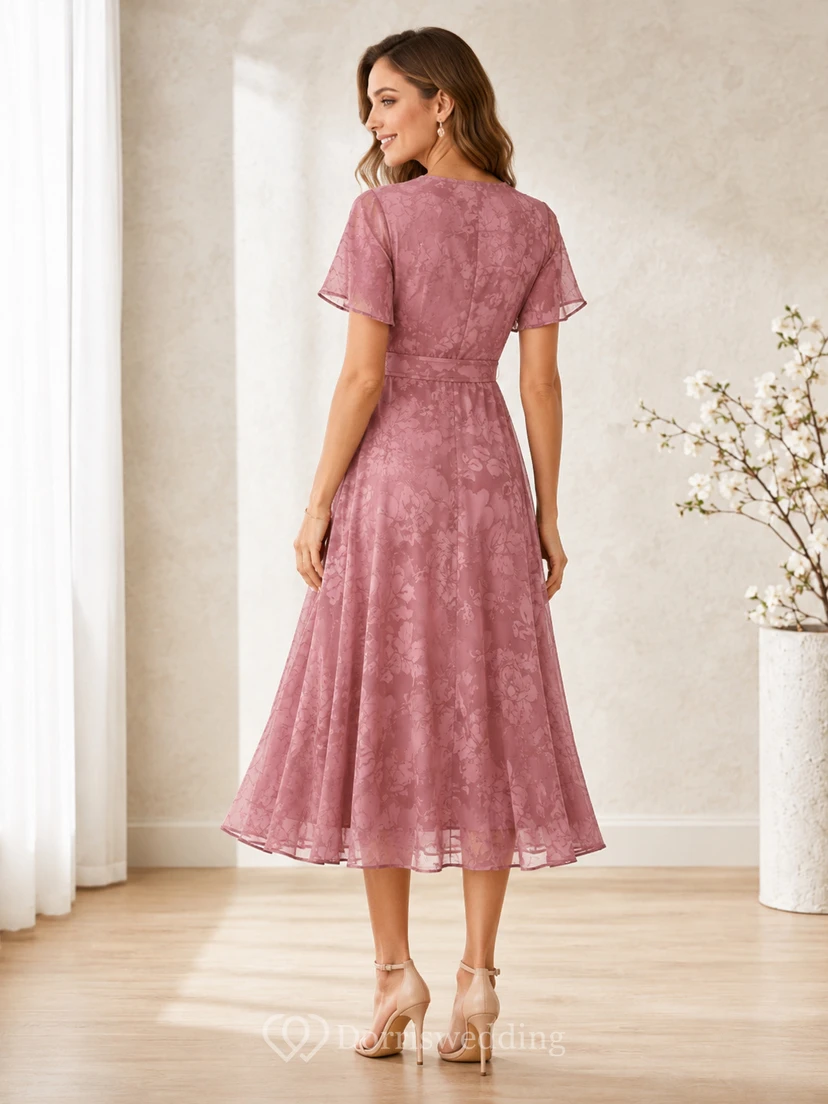 Vestido de noche de largo midi, color rosa empolvado, con escote en V, mangas tipo pétalo, encaje, gasa y pliegues. view 2