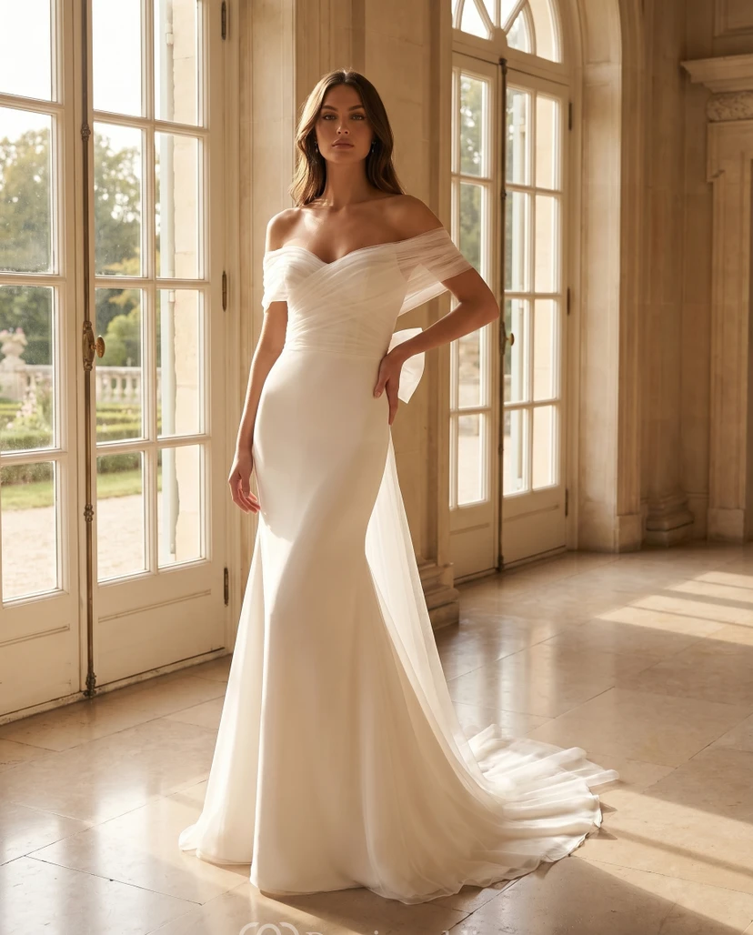 Schulterfreies Brautkleid mit übergroßer Schleife am Rücken und weicher Tüllschleppe