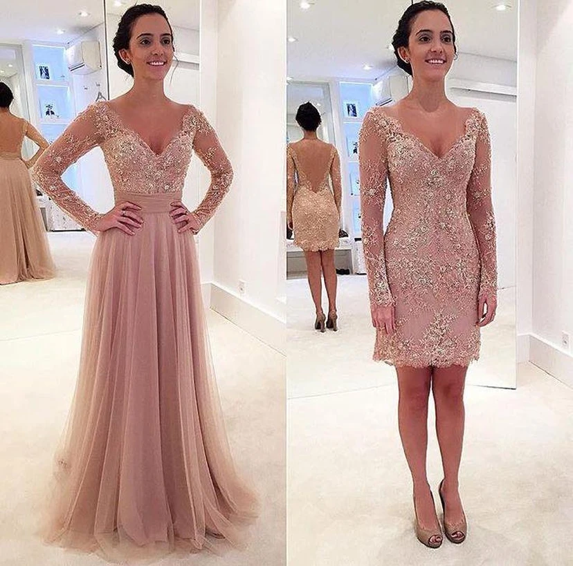 Elegante vestido de noche de manga larga con apliques de encaje y tul desmontable. view 2