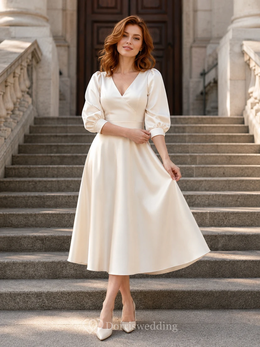 Robe de mariée en satin à manches bouffantes et col en V, coupe courte, style Courthouse