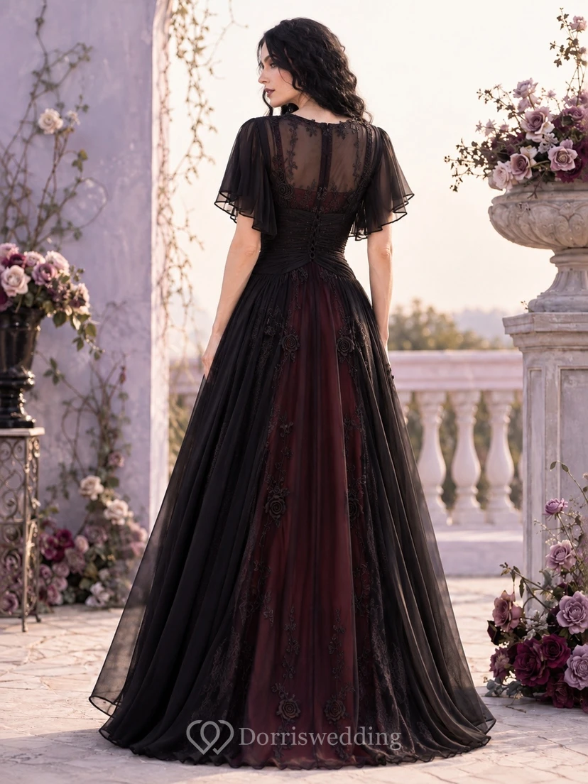 Black V-Neck Short-Sleeve Tiered Tulle A-Line Floor-Length Gothic Dress view 2