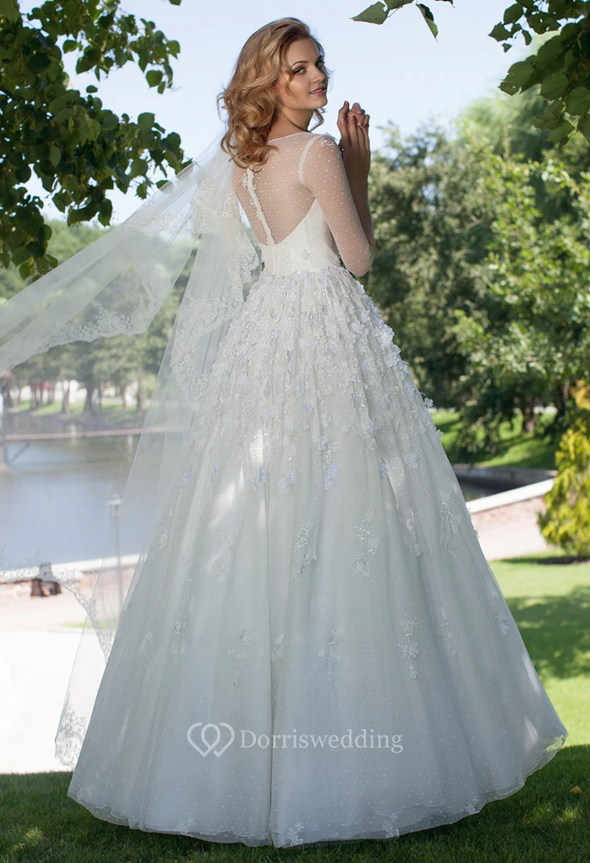 A-Line Appliqued Bateau Neck Half Sleeve Tulle Wedding Dress view 5