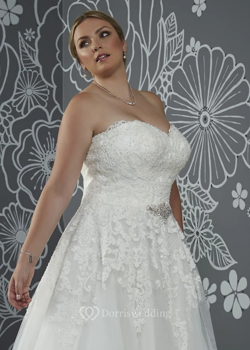A-Line Floor-Length Sweetheart Sleeveless Satin Court Train Lace-Up Back Appliques Dress view 3