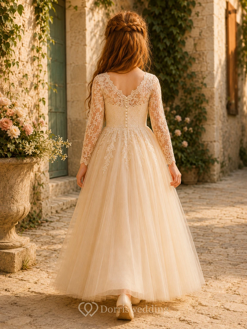 Floor-Length Tulle with Lace Bodice A-Line Flower Girl Dress with Short Sleeves, Jewel Neck and Floor-Length Skirt view 2