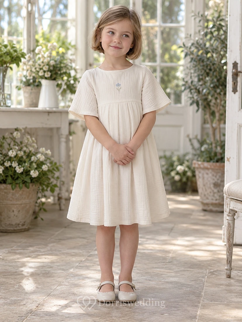 Simple Country Modest Cream Empire Blue-floral Jewel Half-sleeve Gathered Button-back Flower Girl Dress