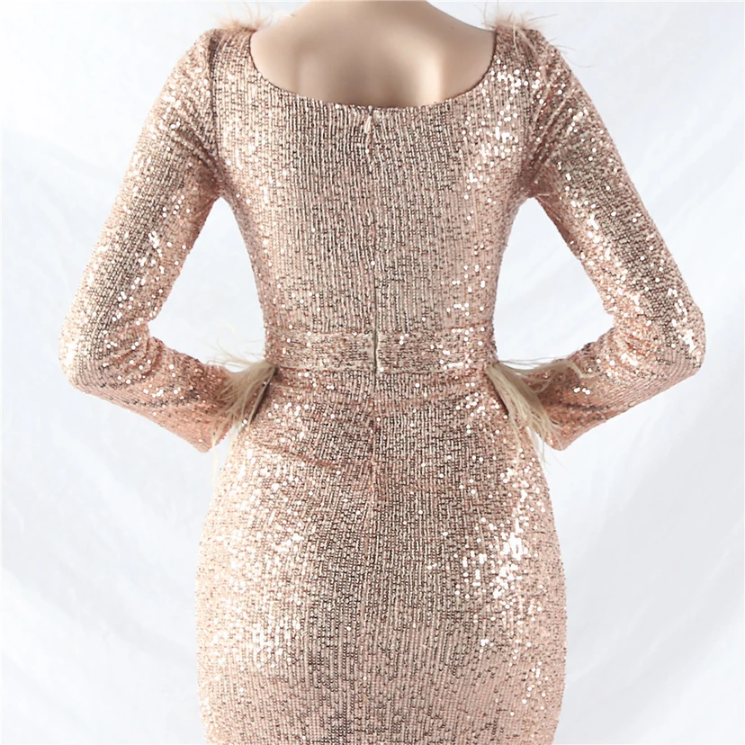 Craft-Made Ostrich Feather Long-Sleeved Beads Evening Dress view 62
