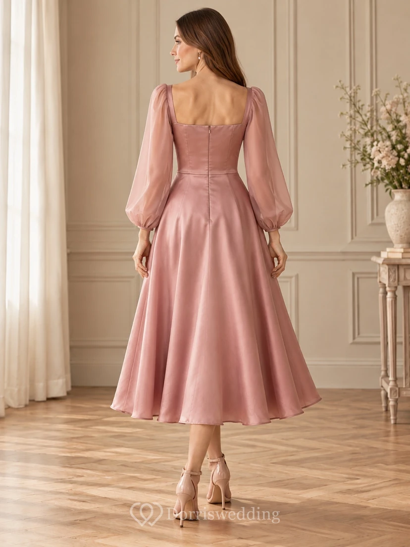 Long Sleeve Square Neck Dusty Rose Satin Midi Formal Dress view 2