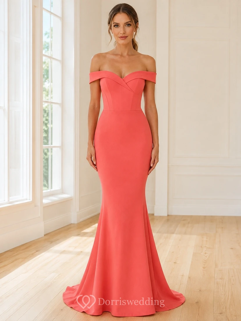 Sexy korallenfarbenes, schulterfreies, kurzärmeliges Meerjungfrauen-Jersey-Abendkleid