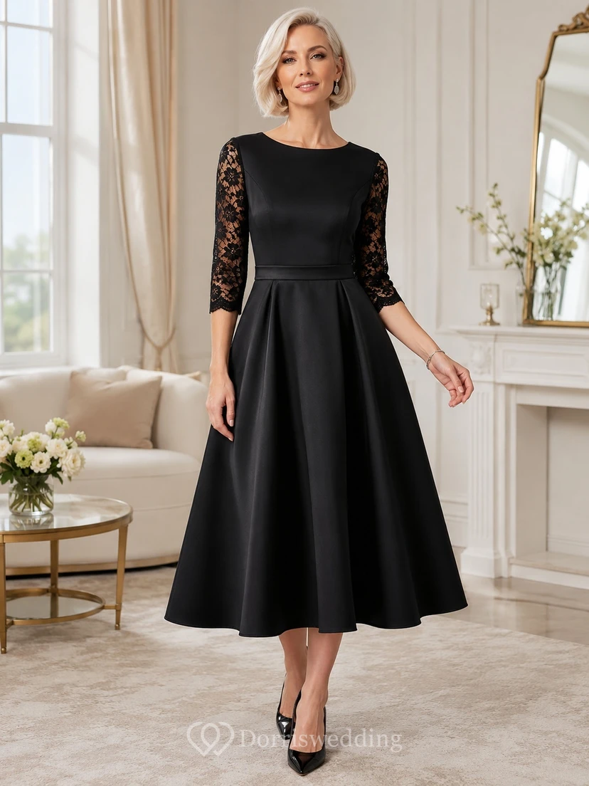 Black Jewel Neck Lace Sleeve Satin A-Line Tea Length Formal Dress