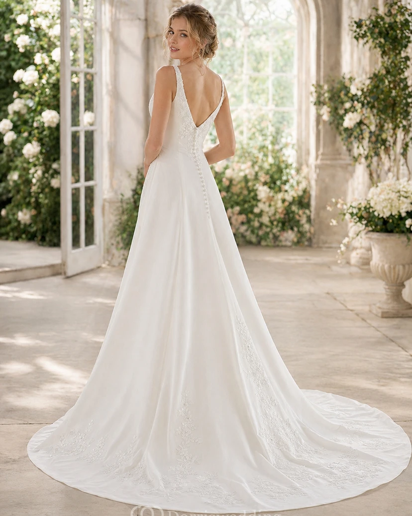 Robe de mariée trapèze à col en V, ornée d'appliqués de dentelle, en mousseline de soie, avec corsage froncé et traîne. view 4
