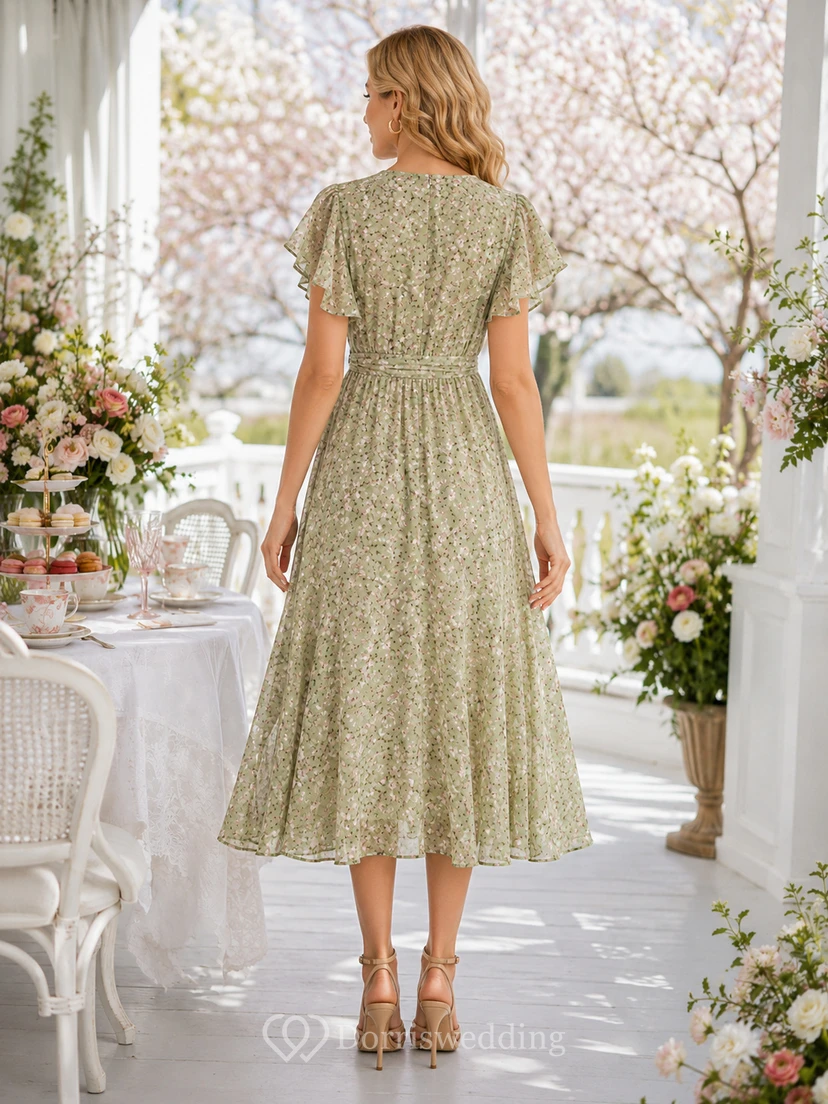 Robe de douche midi trapèze à col V et manches papillon, imprimé floral sauge view 2